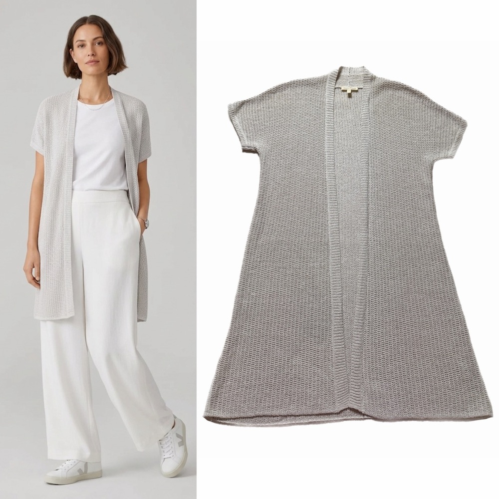 Eileen Fisher Linen Silk Blend Open Front Longline Short Sleeve Cardigan Vest S